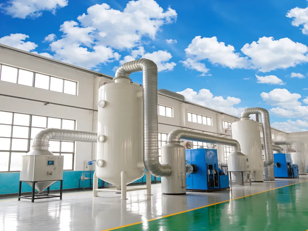 Modern factory with advanced filtration systems to reduce particulate emissions.