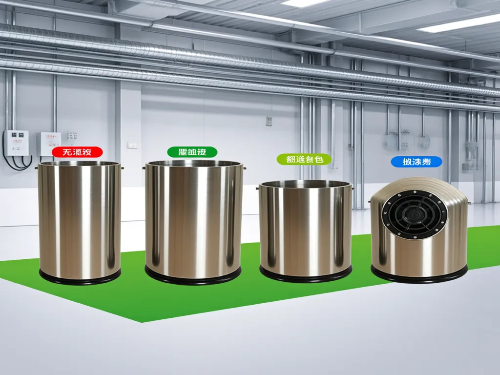 Stainless steel filter bag housings displayed on a green platform in an industrial environment