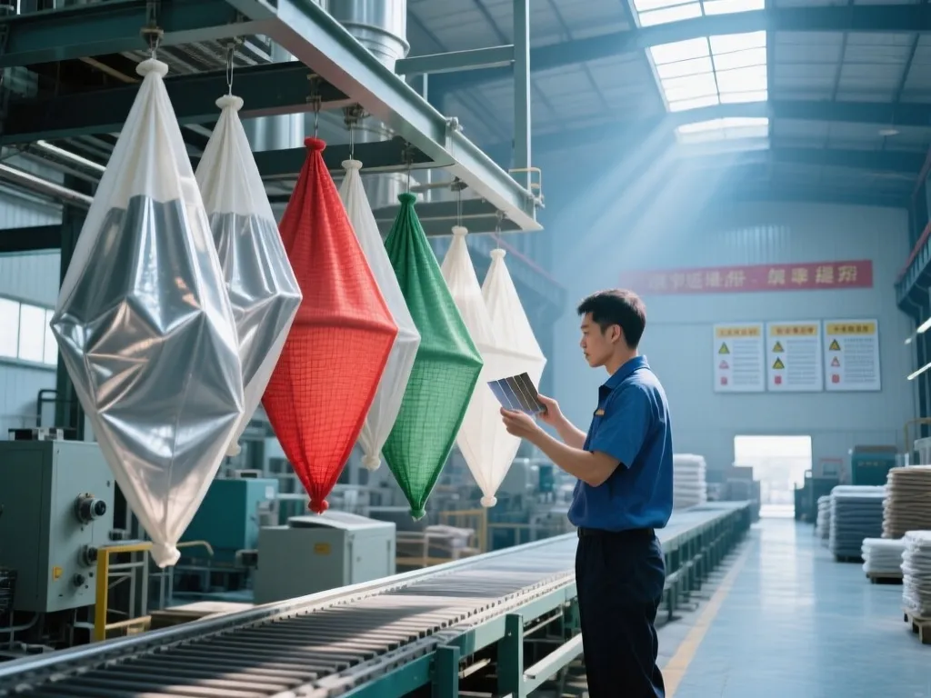 A worker inspecting colorful industrial dust collector bags on a production line.