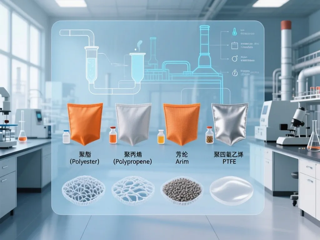 Different filter bag materials like Polyester, Polypropene, Arim, PTFE.
