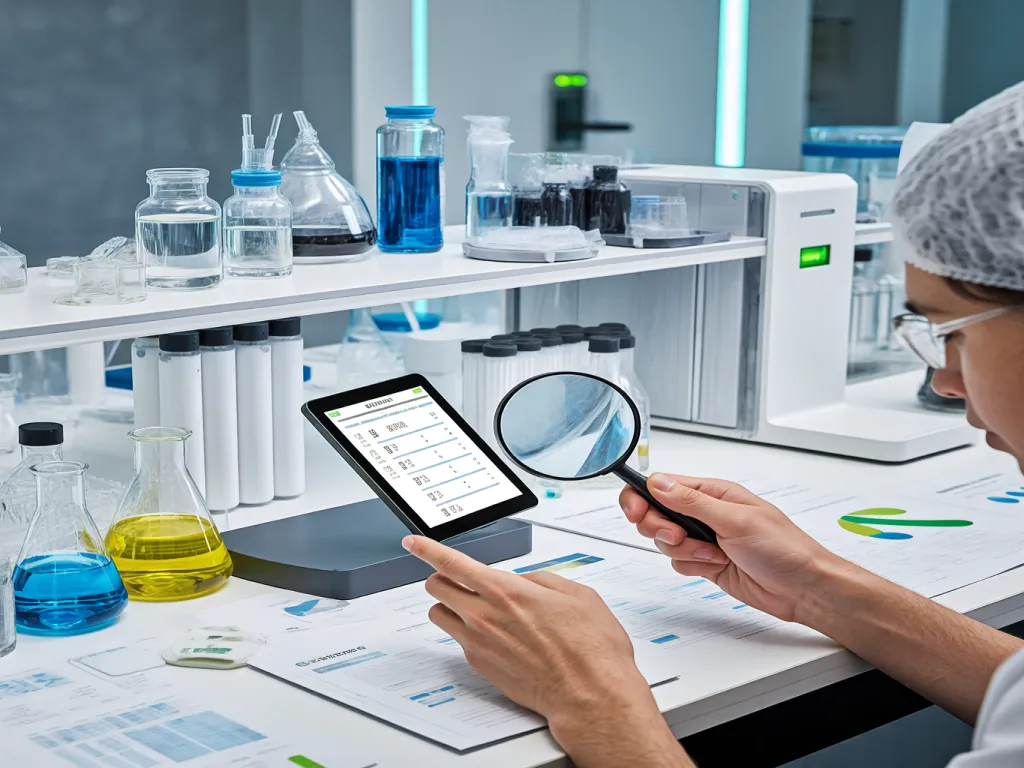 Researcher checking filtration bags HS code on tablet