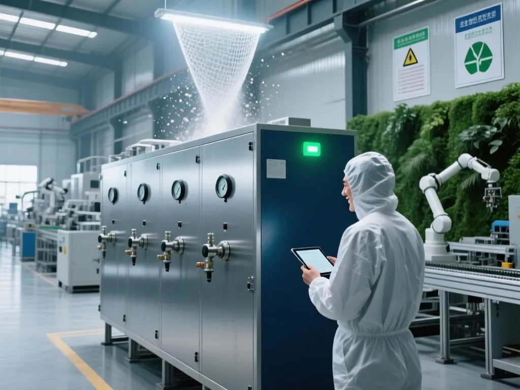 A technician monitors an industrial air filtration system in a factory setting.