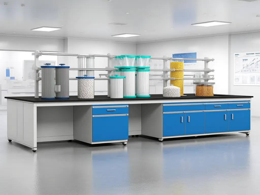 Industrial filtration bags displayed on a lab bench with various filter materials.