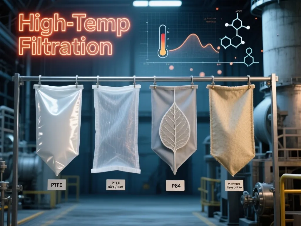 High-temperature filtration bags like PTFE and P84 in industrial setting.