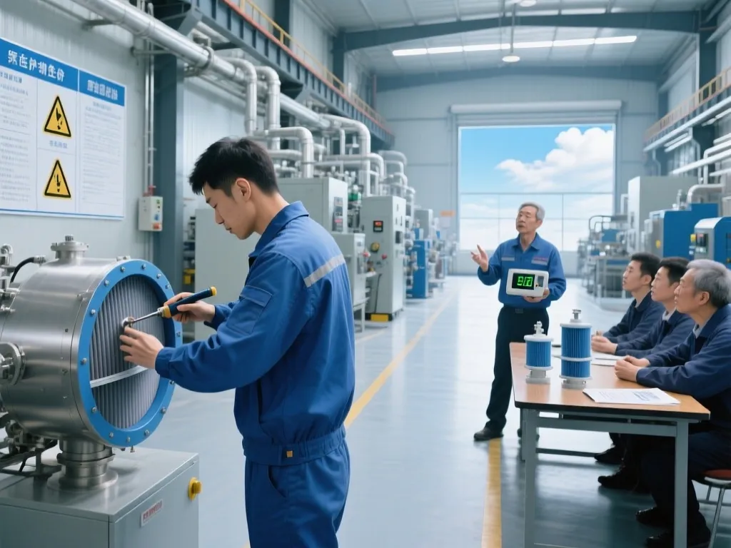 Technicians receiving training on industrial filter inspection and maintenance.