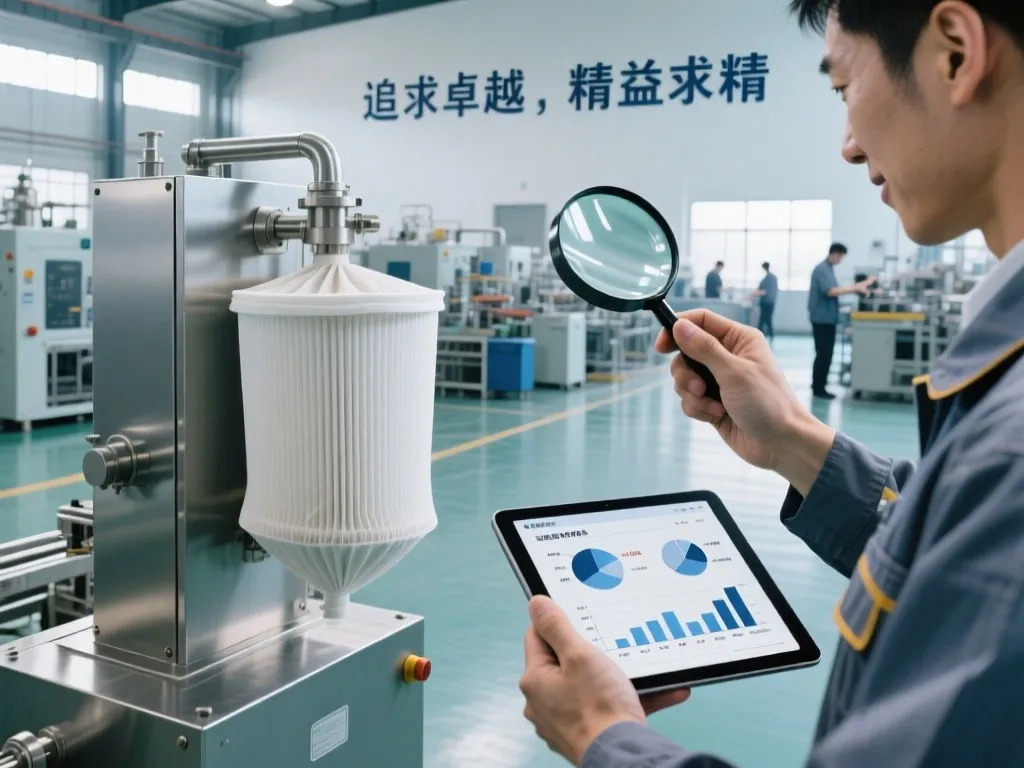 Worker inspecting filter bag on production line with tablet analysis.
