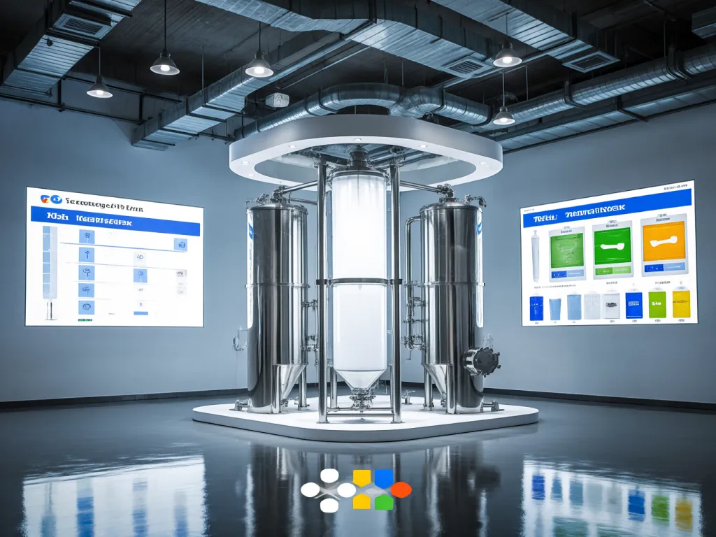 Advanced filtration systems displayed in a modern exhibition hall with digital information panels.