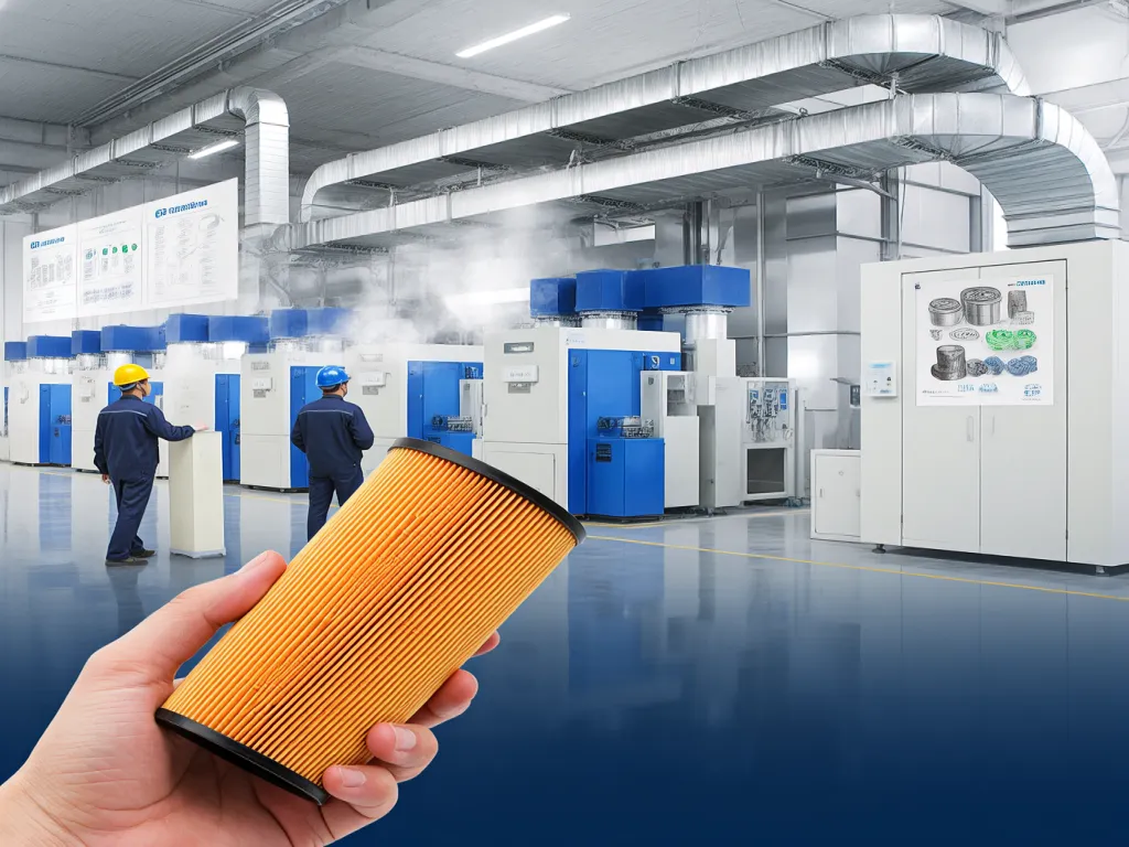 Industrial dust collection system in a factory setting.