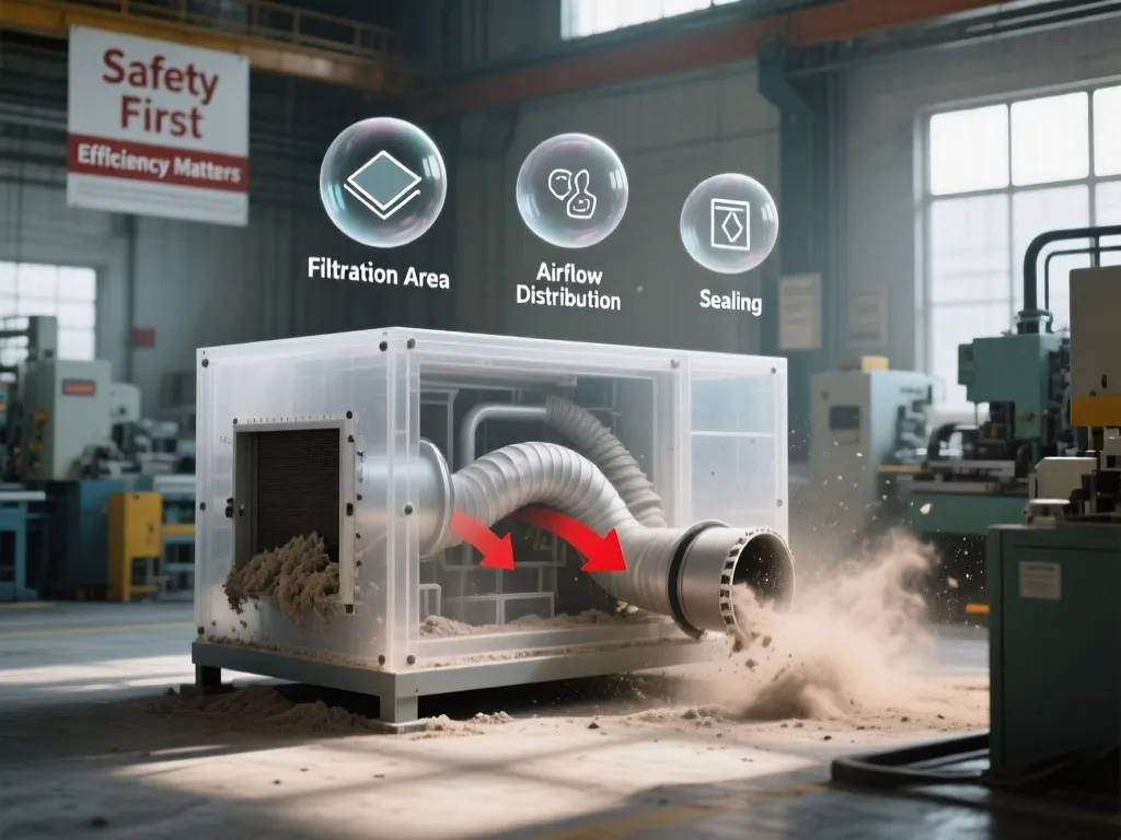 Industrial dust filtration system working process diagram.