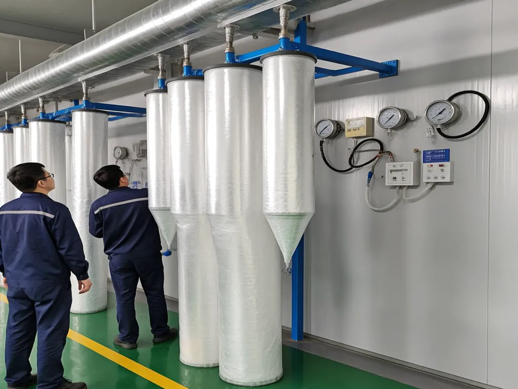 Workers inspecting large filtration bags setup in industrial facility