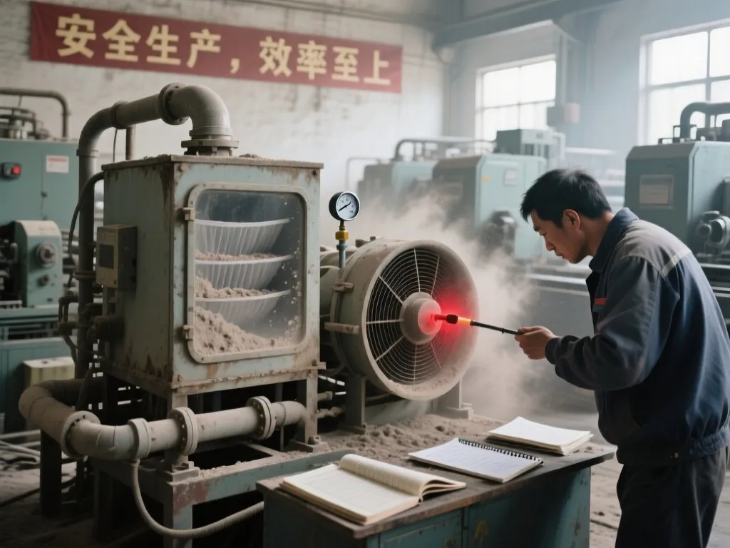 Man inspecting a dust collector system with a laser thermometer.