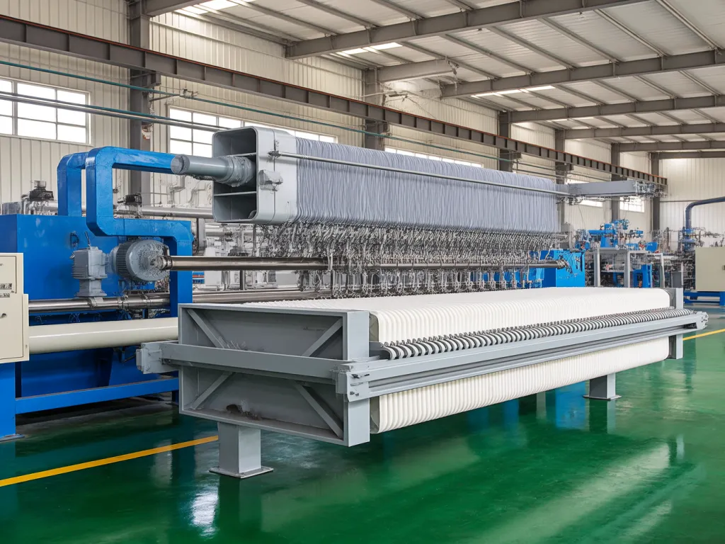 Industrial filter sacks being processed in a factory with advanced machinery
