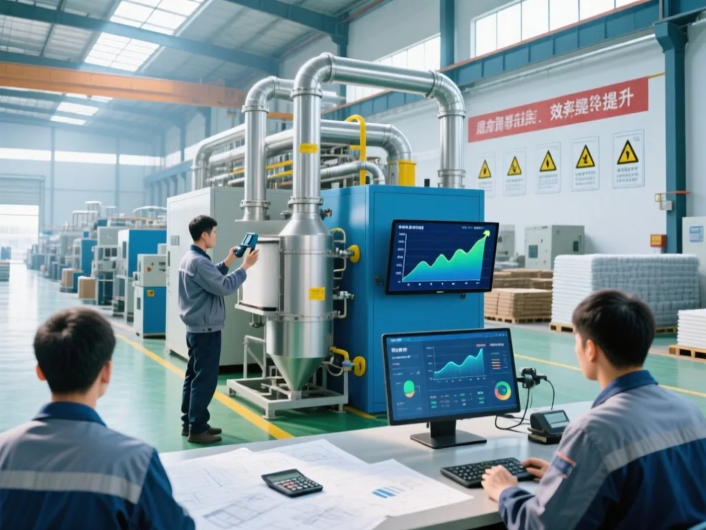 Technician using a device to check an industrial filtration unit, with colleagues analyzing data on computers.