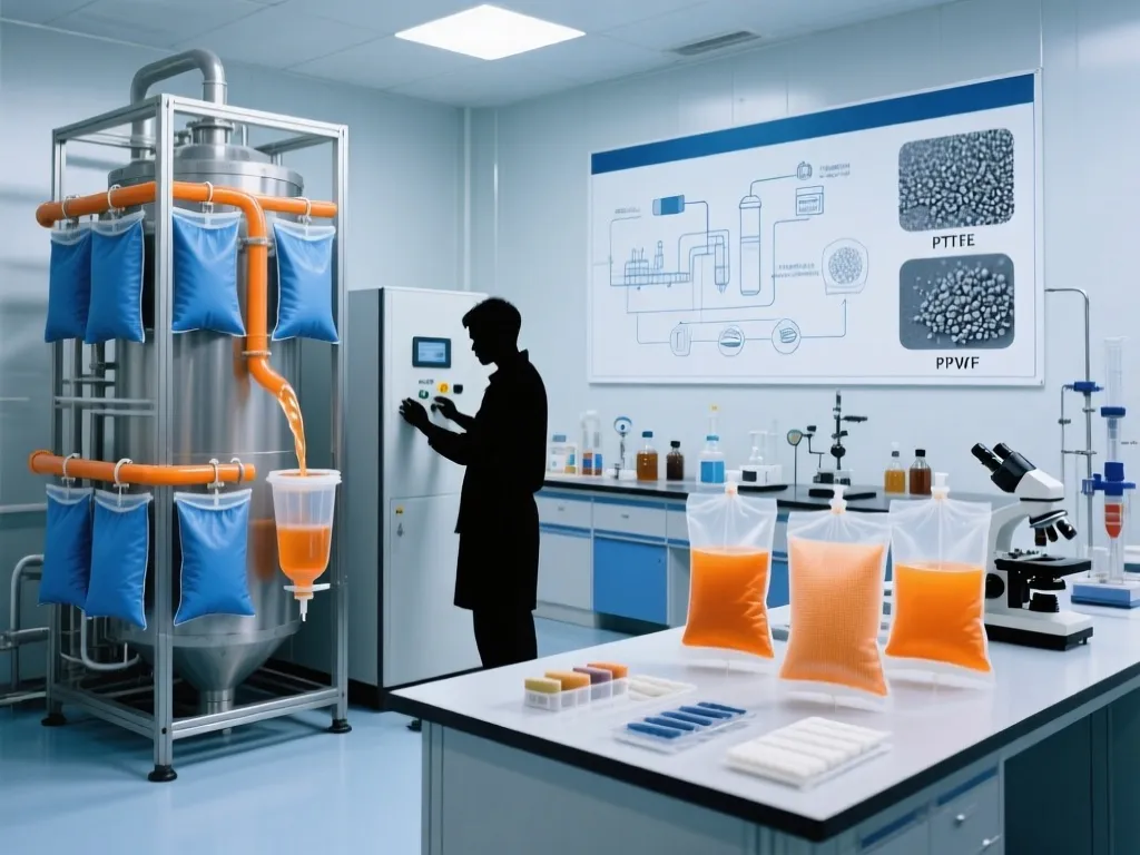 Testing process of filter bags in laboratory setting with scientific equipment.