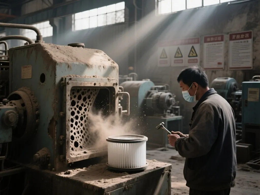 Worker replacing a dust filter in an industrial setting.