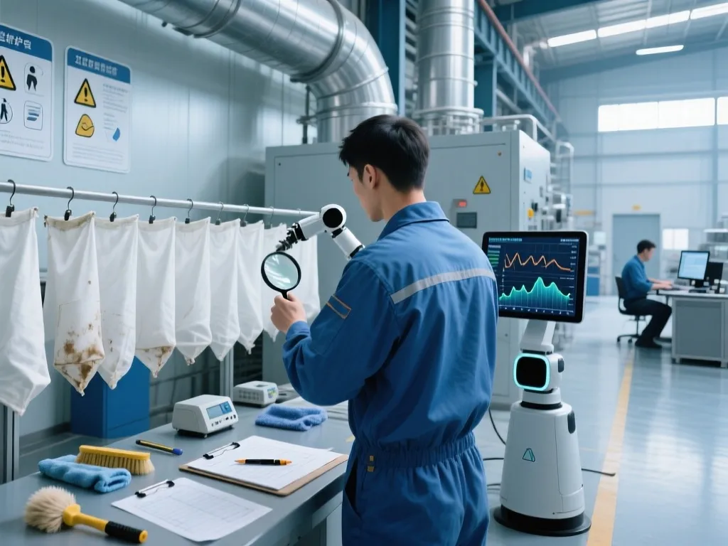 Inspecting industrial filter bags using advanced technology for quality control.