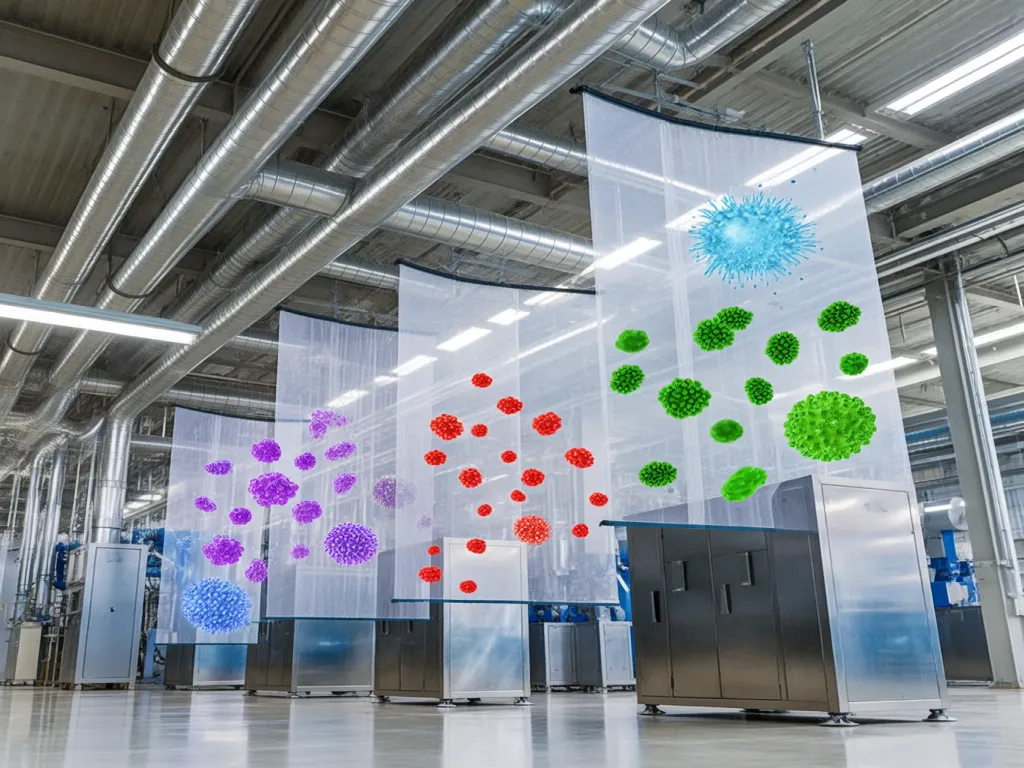 Visualization of air particles being filtered in industrial facility