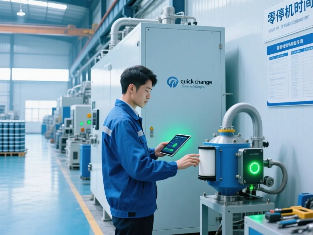 Technician using tablet to monitor filter system for reducing downtime.