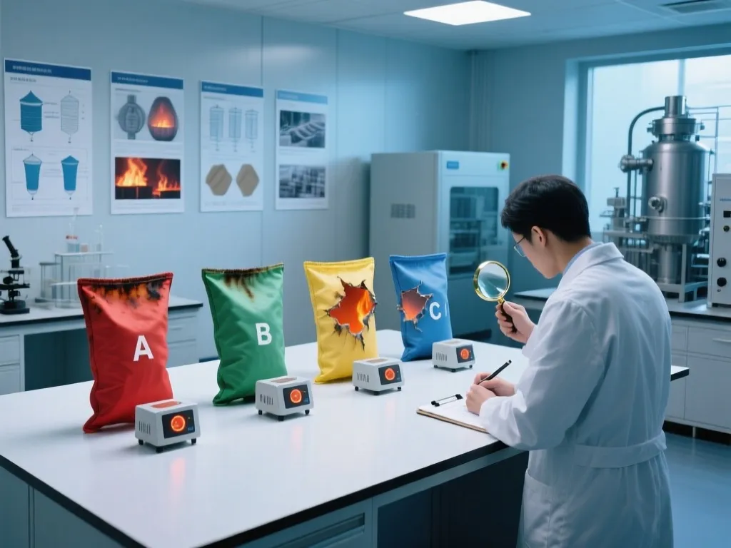Scientist testing high temperature filter bags A, B, C in laboratory