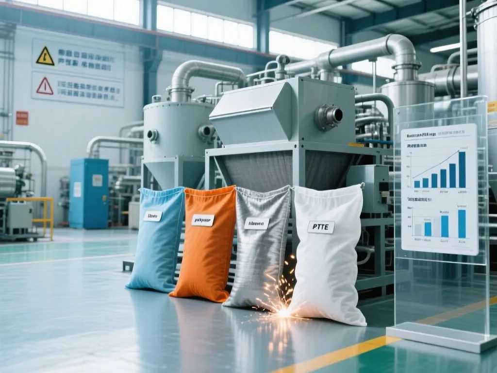 Baghouse filter bags in various materials in an industrial setting.