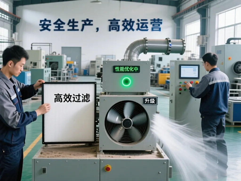 Workers upgrading a high-efficiency filter in dust collection system.