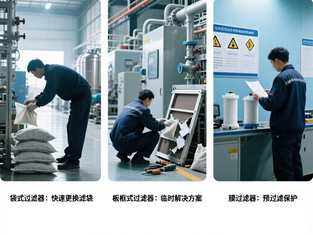 Demonstration of emergency replacement methods for industrial filters.