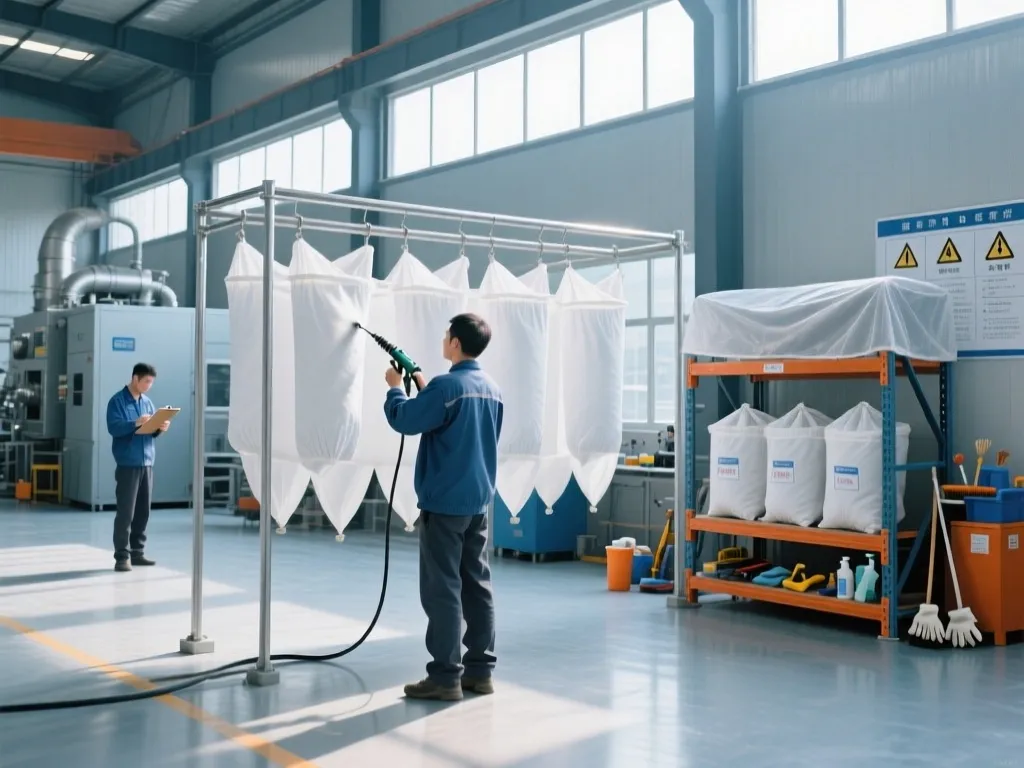Workers performing maintenance on industrial filter bags to extend lifespan.