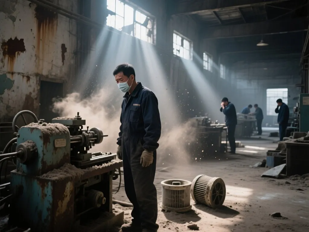 Dusty industrial workshop with workers and equipment.