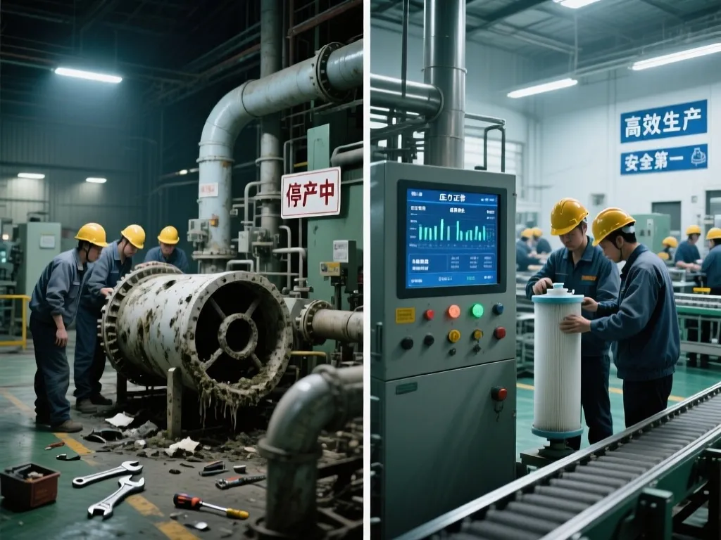 Workers repairing a filter system to resume production and avoid shutdown.