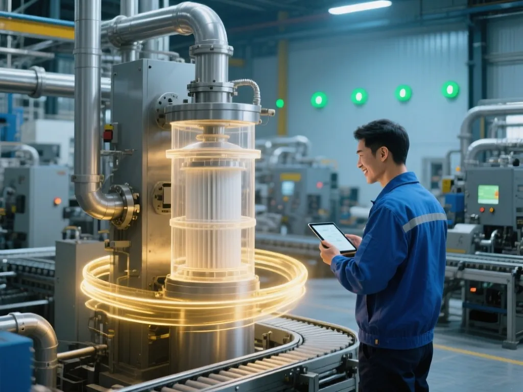 A worker inspecting an industrial filter system to avoid production shutdown.