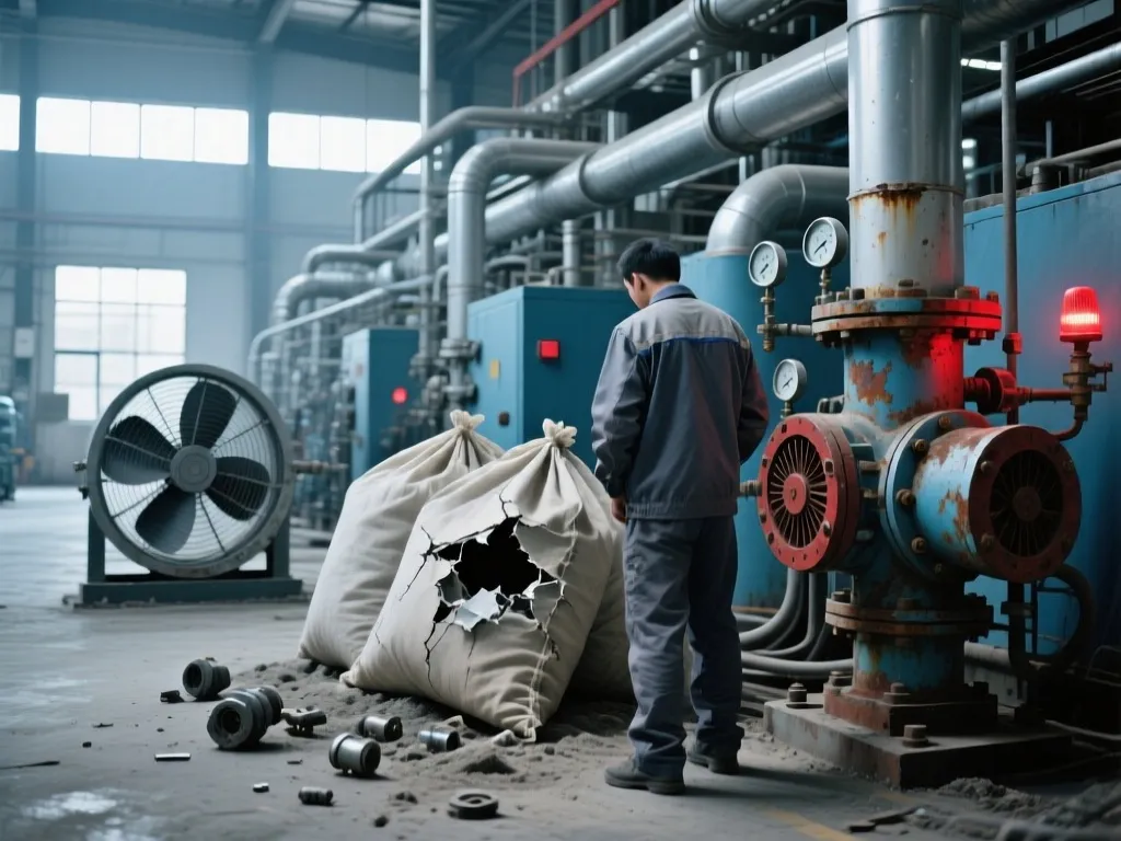 Damaged dust collector filter bags indicating potential failure causes.
