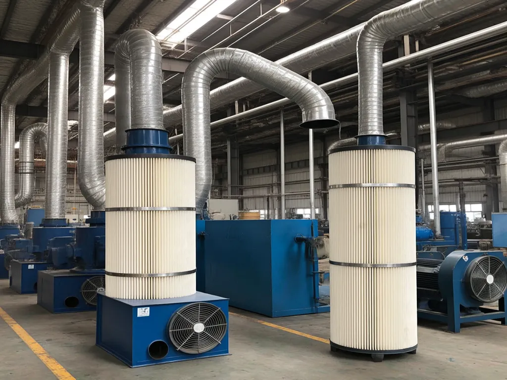 Dust collector filter bags setup in an industrial factory environment.