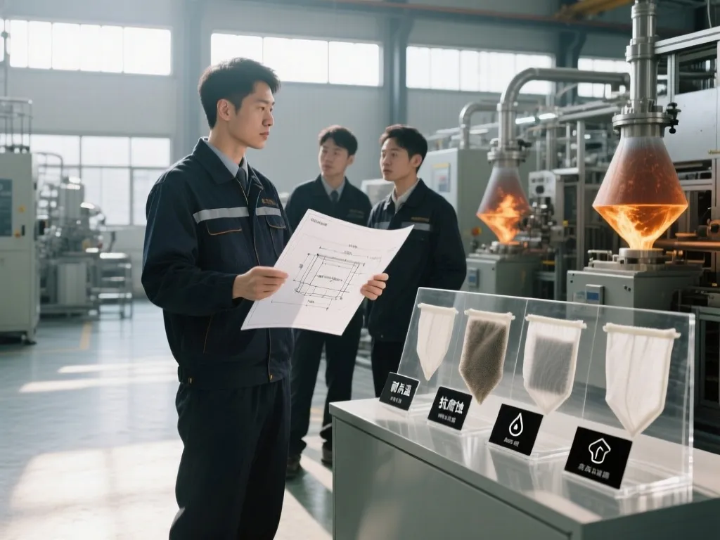 Engineers discussing custom filter bag design in factory