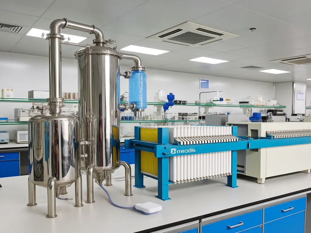 Industrial filter equipment in a laboratory setting for testing efficiency.