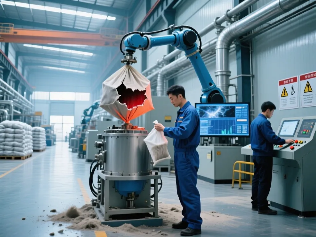 Workers responding to a sudden filter bag failure in an industrial setting.