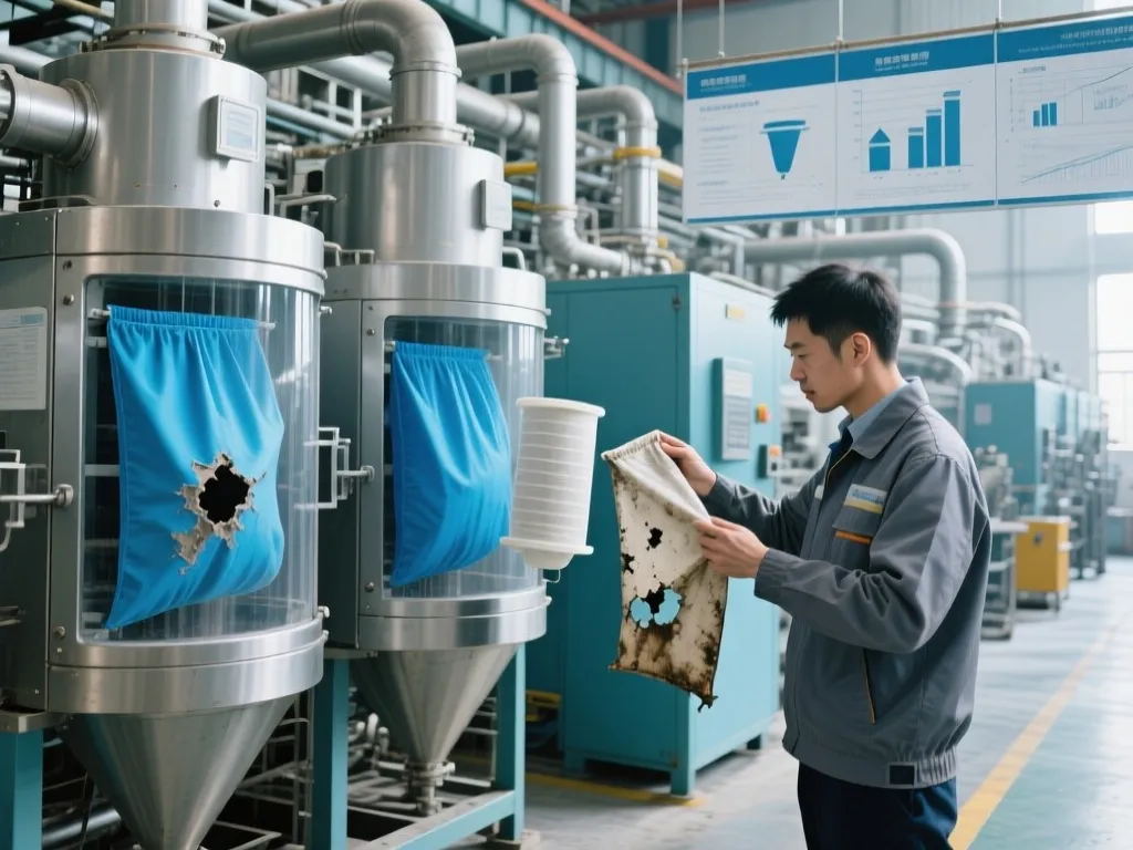 A worker inspects a damaged filter bag in an industrial setting.