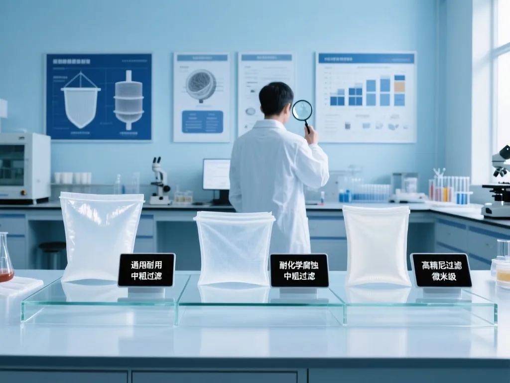 Scientist examining filter bags in lab with detailed specification charts.