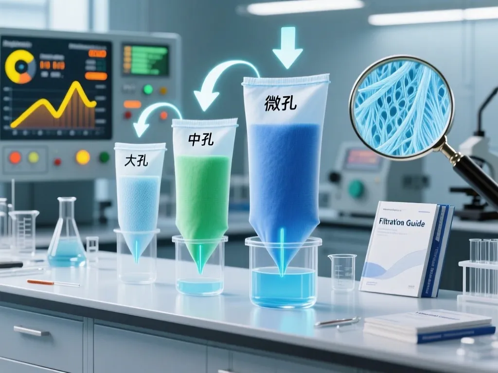 Comparison of large, medium, and micro pore sizes in polyester filter bags under a microscope.