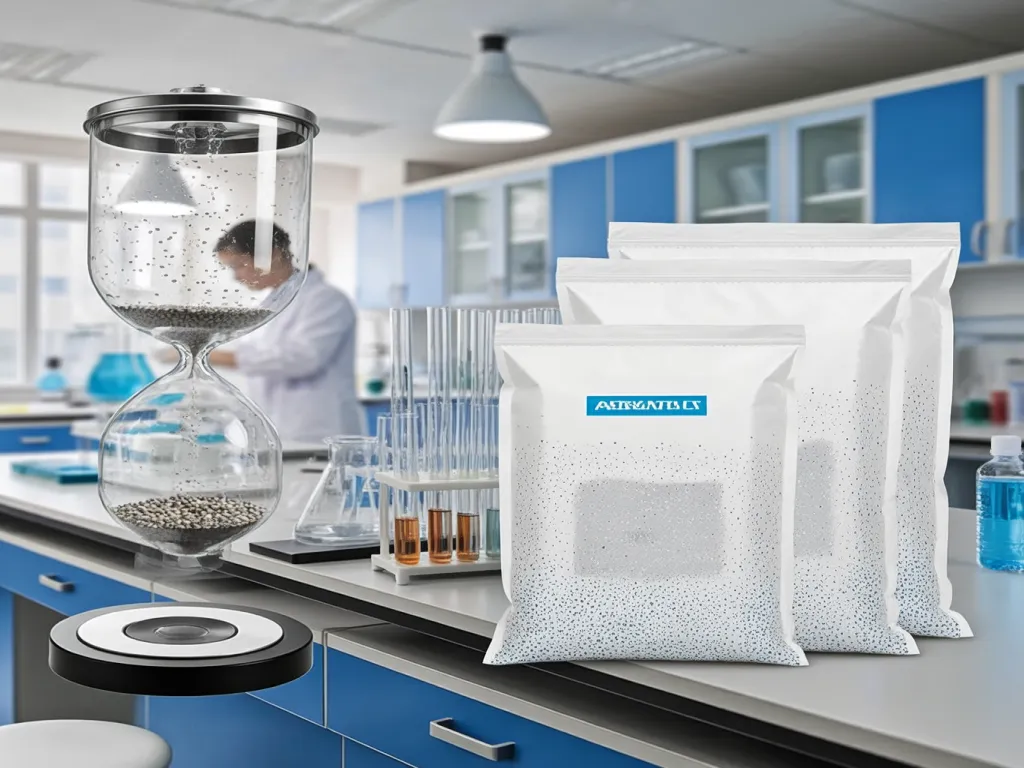 Filtration material testing in lab with hourglass and bags