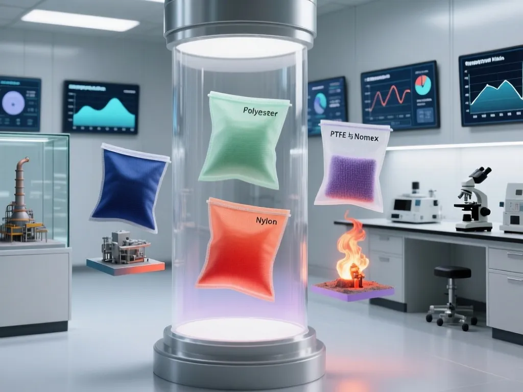 Display of different filter bag materials like Polyester, Nylon, PTFE & Nomex.