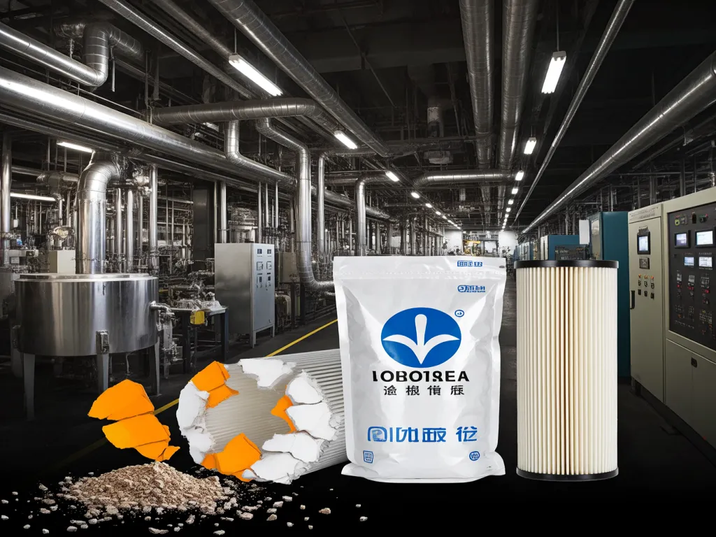 Chemical processing environment showing failed filter bags and new replacement filters.