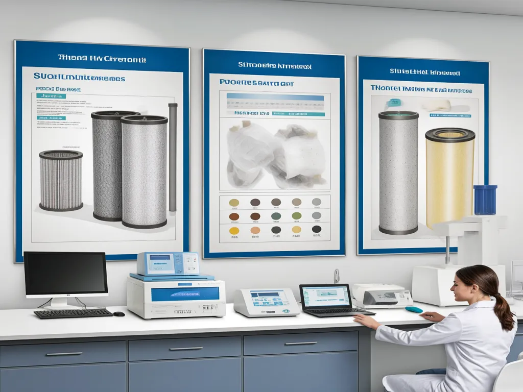 Scientist testing filtration bags in a lab with various filtration products displayed on the wall.