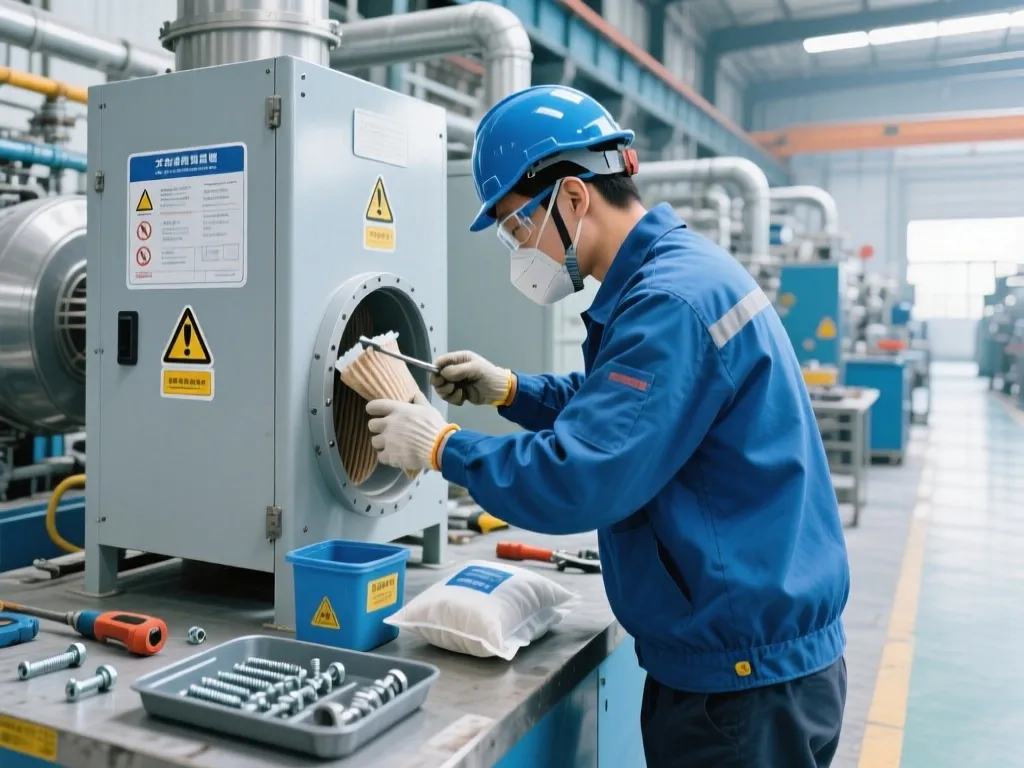 Worker changing a non standard filter bag in an industrial setting.