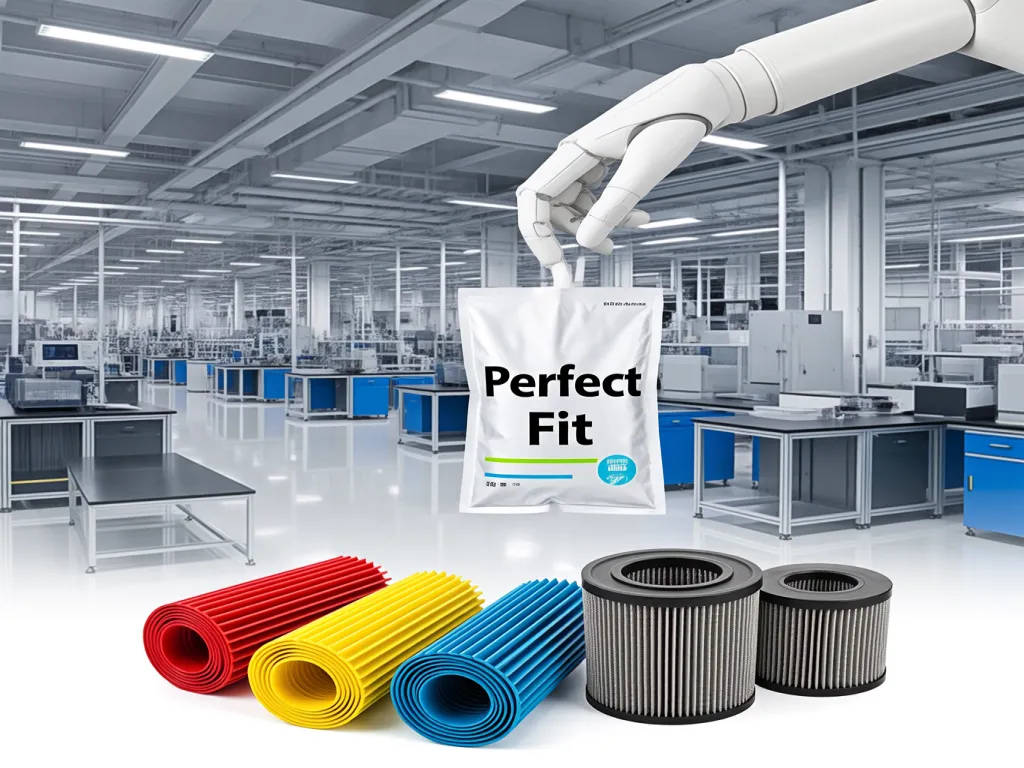 Robot hand holding a filtration bag package above rolled filtration materials in a factory.