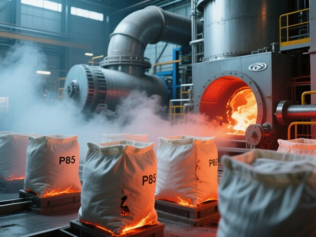 Workers installing P84 filter bags in an industrial setting.