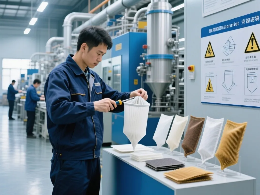 Worker inspecting various non standard filter bags on display.