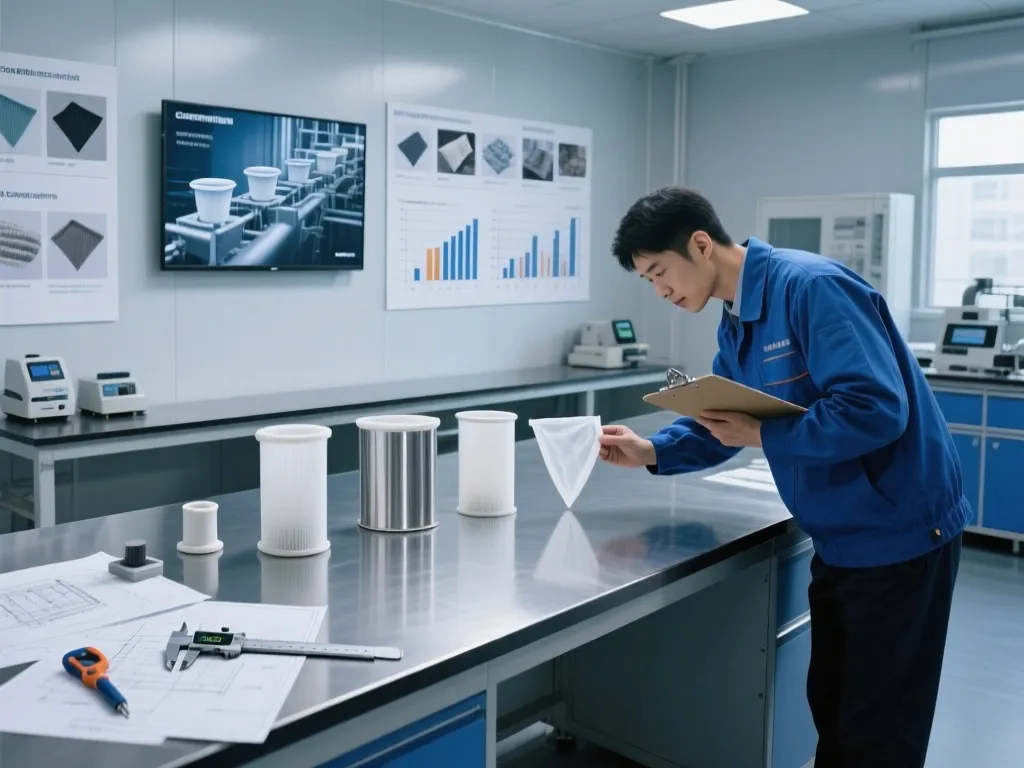 A technician inspects custom filter bags in a lab setting.