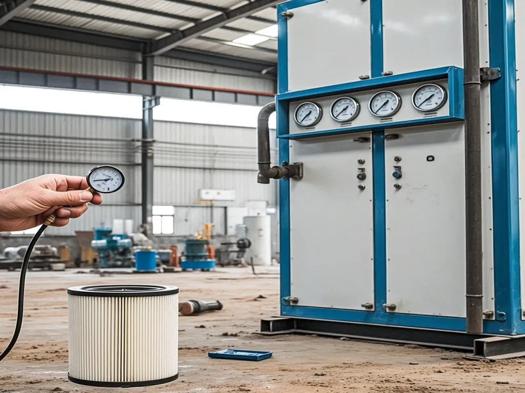 Testing dust collector performance with a pressure gauge.