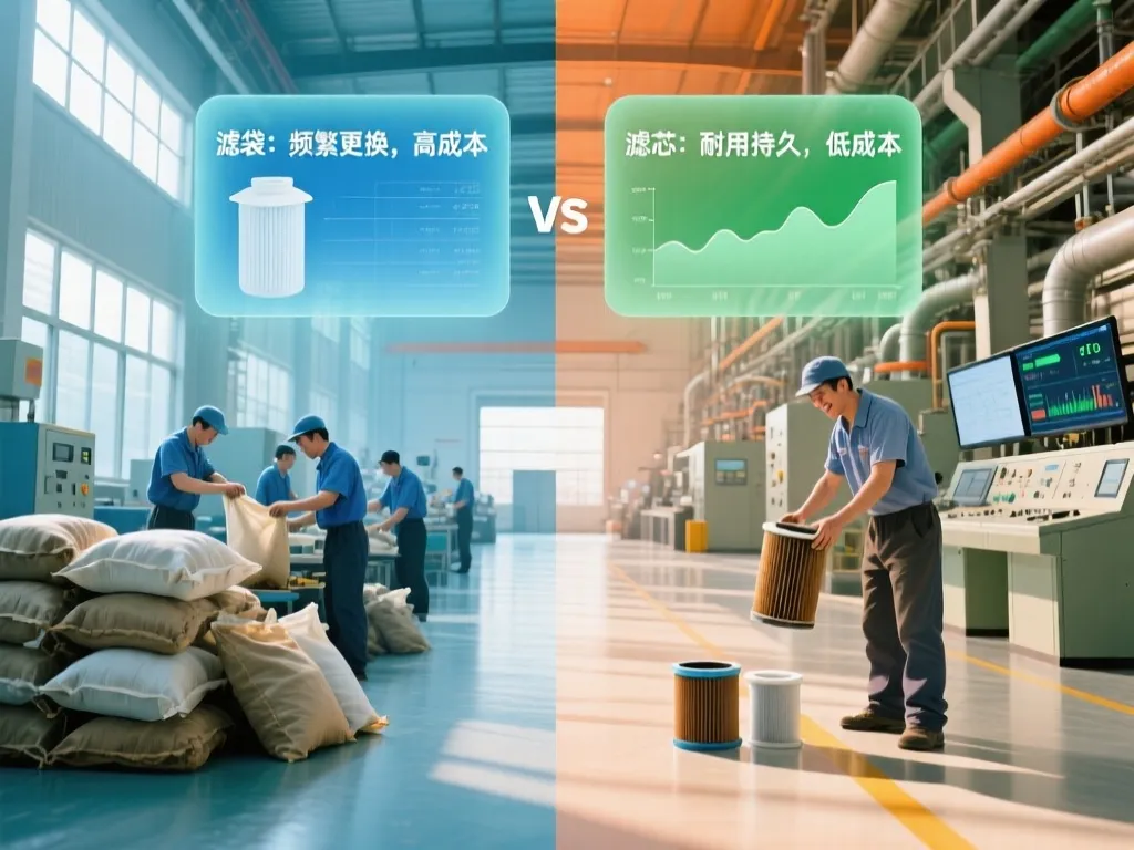 Comparison of filter bags and cartridge filters showing replacement frequency and cost implications.