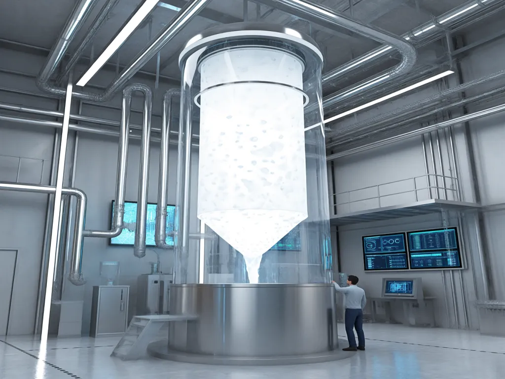 A man inspects large capacity filter sacks in an industrial facility.